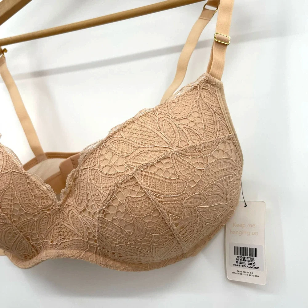 NWT Lively The Lace No-Wire Push-Up Bra in Toasted Almond Size 38D Nude Wireless